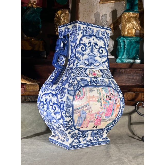 Ceramic Vintage Blue and White Porcelain Vase With Hand Painted Court Scene For Sale - Image 7 of 11