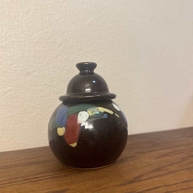 Mid-Century Hand-Painted Studio Art Pottery Lidded Jar For Sale - Image 4 of 5