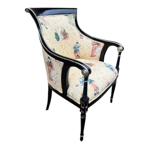 Late 20th Century Vintage Hollywood Regency Style Black Lacquered Upholstered Arm Chair