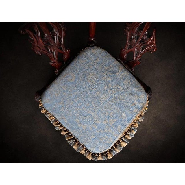 Blue Chippendale Carved Mahogany Corner Chairs with Cane Seats and Cushions, 1890s, Set of 2 For Sale - Image 8 of 9