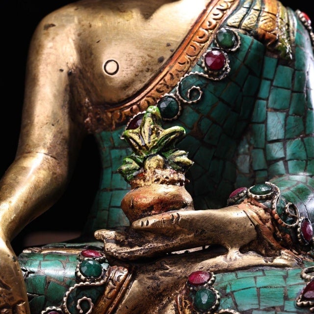 Turquoise Late 20th Century Tibetan Style Gilt Bronze Medicine Buddha Statue With Turquoise Inlay For Sale - Image 8 of 9