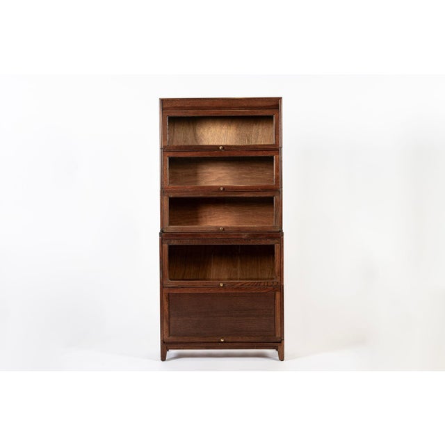 Mission Antique English Tall Stepback Oak Wood Barrister Bookcase Cabinet For Sale - Image 3 of 11