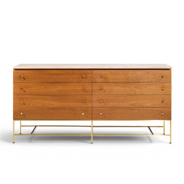 Paul McCobb for Calvin Irwin Collection Mid Century Mahogany, Brass and Travertine Double Dresser This lowboy measures:...
