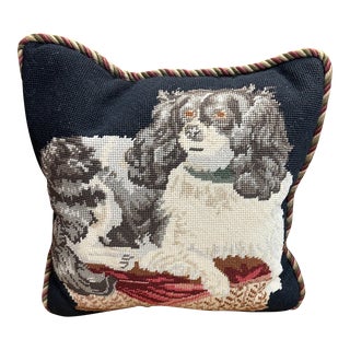 1990s Vintage King Charles Spaniel Dog Needlepoint Pillow For Sale