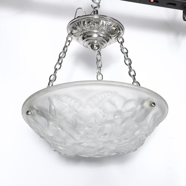 Art Deco Frosted Glass Floral Cubist Chandelier W/ Chrome Fittings Signed Degué For Sale - Image 16 of 18