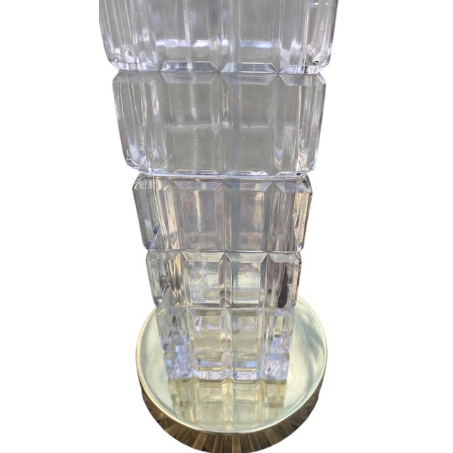 Metal Vintage Portuguese Crystal Column Table Lamps, a Pair, Faceted Glass, Brass Bases. For Sale - Image 7 of 11