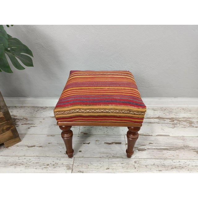 Color Block Kilim Upholstered Footstool For Sale - Image 9 of 9