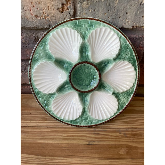 Antique 1920s French Longchamp Majolica Green and White Oyster Plate For Sale - Image 12 of 14