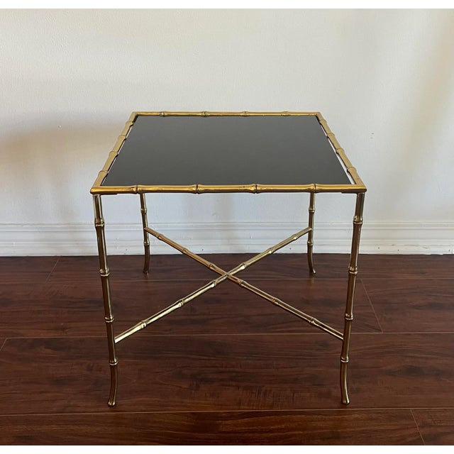 1960’s Gilt Metal Faux Bamboo Side Table W Black Glass Top.