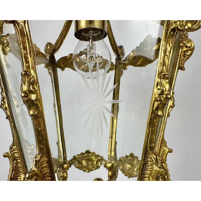 1930s Vintage Ceiling Lantern in Bronze with Etched Glass Panels, 1930s For Sale - Image 5 of 11