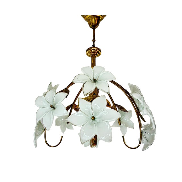 Art Deco Vintage Murano Style Glass Daisy Chandelier With Handcrafted White Floral Details For Sale - Image 3 of 16