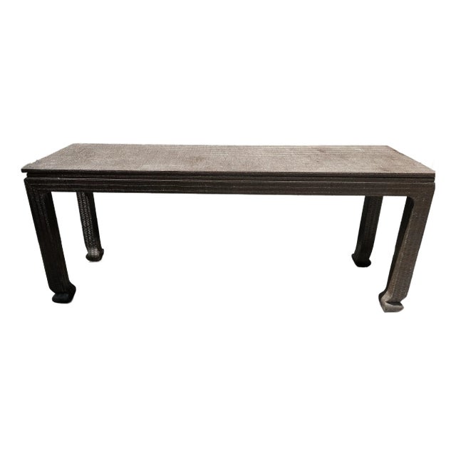 Mid-Century Karl Springer Style Lacquered Brown Grasscloth Ming Style Console Table For Sale