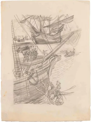 Maximilien Vox, Ships and Sailors, Drawing, Mid-20th Century