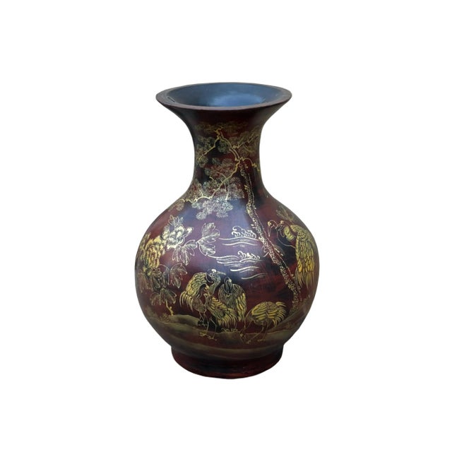 Chinese Brown Lacquer Golden Scenery Decorative Wood Vase Art For Sale - Image 14 of 18