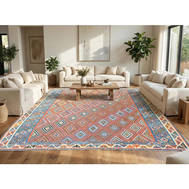 Royal Blue Massive Square Kilim Rug 14x15 Ft, Antique Style Turkish Flatweave, Terracotta & Denim Blue Tribal Rug, Organic Wool Rustic Farmhouse Decor For Sale - Image 8 of 16