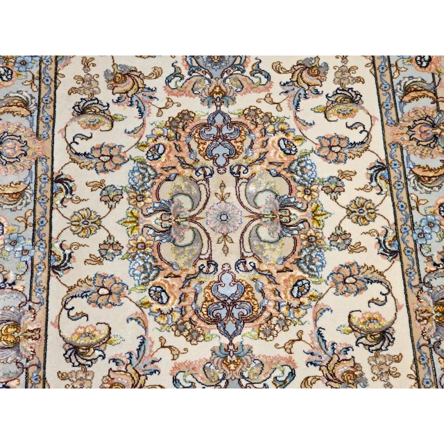 Fine Tabriz Runner, Hand-Knotted Wool & Silk, Floral Medallion Pattern, Ivory & Pale Sage, 3x13 For Sale - Image 10 of 15