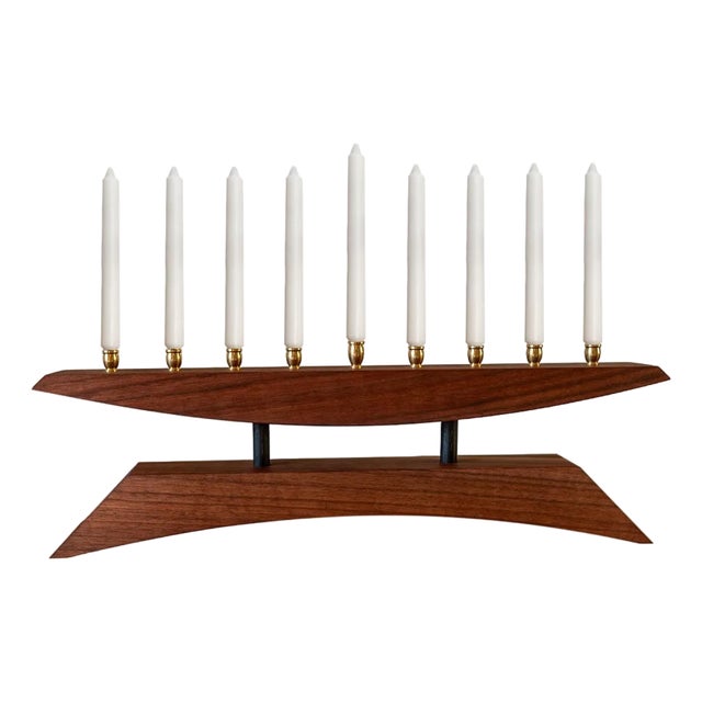 Mid-Century Modern Walnut & Brass Menorah – “East of the Sun” For Sale
