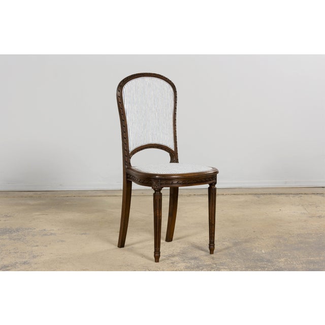 Wood French Louis XVI Style Walnut Dining Chairs, Blue Striped Linen Upholstery – Set of 6 For Sale - Image 7 of 18