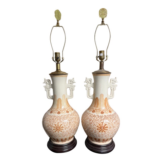 Pair of Large Vintage Crackle Glaze Porcelain Table Lamps With Brass Accents For Sale