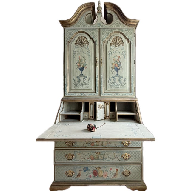 Painted Chinoiserie Style Antique Sage Green Floral Secretary Desk For Sale - Image 16 of 18