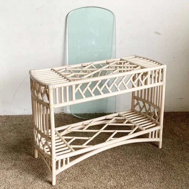 Boho Chic Bamboo Rattan Glass Top Console Table For Sale In Miami - Image 6 of 10