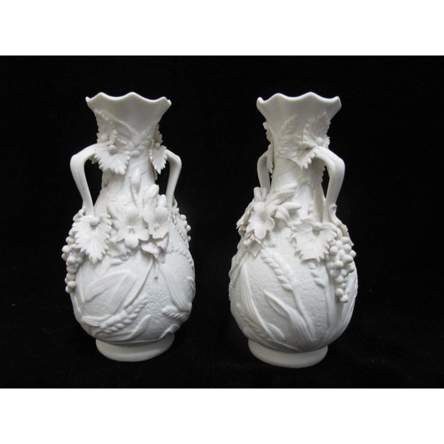 Late 19th Century White Parian Bisque Porcelain Raised Wheat & Grape Pattern Handled Vase Pair For Sale - Image 5 of 11