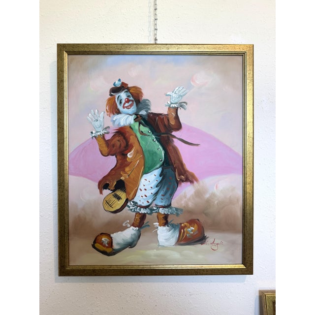 Figurative Late 20th Century Oil Painting Clown Musician Signed L. Angeli Colorful Figurative Art Circus For Sale - Image 3 of 12