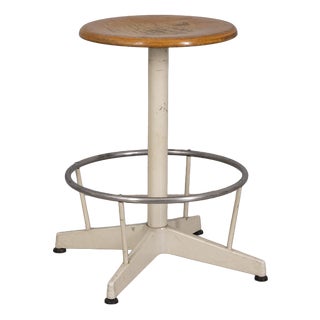 Vintage Industrial Metal and Wood Stool, 1960s For Sale