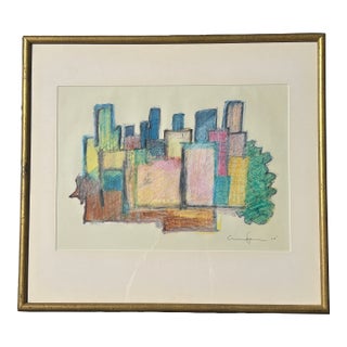 Original 1979 Pastel + Gouache on Paper - Colorful Cityscape in Exceptional Gallery Frame For Sale
