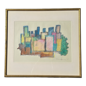 Original 1979 Pastel + Gouache on Paper - Colorful Cityscape in Exceptional Gallery Frame