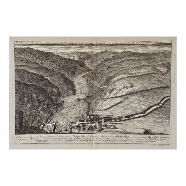 An Antique Engraved View of "Waterfalls in Smoland", Sweden by Erik Dahlberg , 1705 For Sale