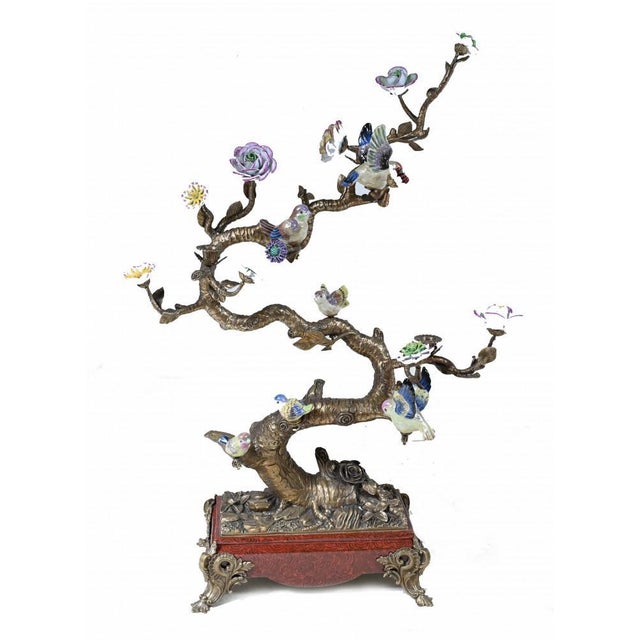 French Bronze Branches with Porcelain Birds and Flowers, Set of 2 For Sale - Image 3 of 18