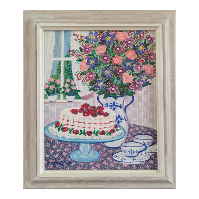 1991 'Cake & Blooms' Vintage Original Still Life Interior Oil Painting, Framed For Sale