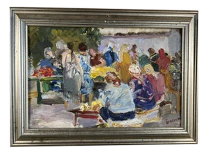 Iakov Besperstov, Market Scene in Murom, 1981, Oil on Hardboard, Framed