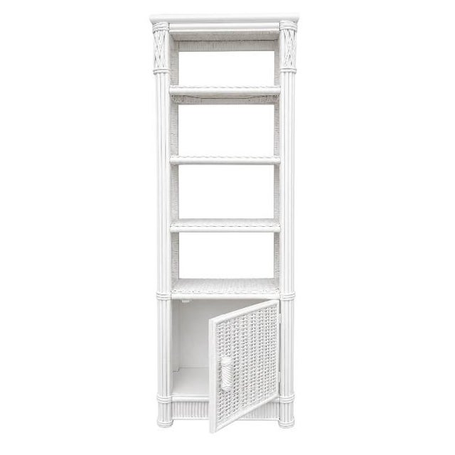 Hollywood Regency Pair of Petite White Lacquer Faux Bamboo & Wicker Étagère Cabinets For Sale - Image 3 of 9