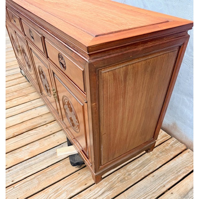 1960s Chinese Carved Rosewood Hand-Carved Long Life Sideboard Cabinet Buffet Server For Sale In Boston - Image 6 of 16