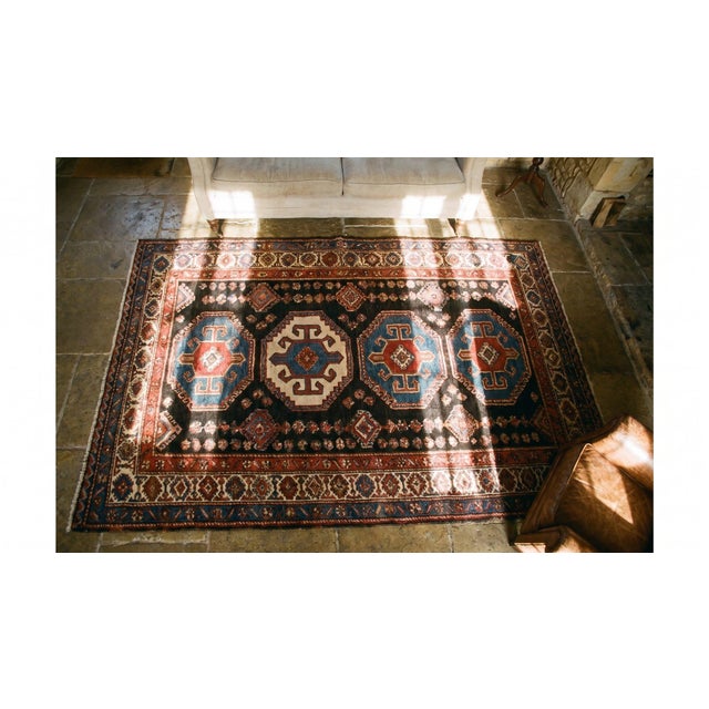 Textile 1890s Blue Navy Geometric Tribal Antique Caucasian Shirvan Lesghi Rug 3'6" X 4'6" Hand Knotted Pile Wool Carpet For Sale - Image 7 of 8