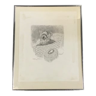 1977 "Yorkshire Terrier & Nantucket Basket Purse with Whale Carving" Pencil Drawing by Constance Coleman, Framed For Sale