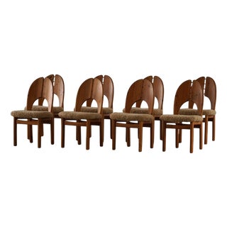 Danish Modern Brutalist Pine & Lambswool Sculptural Chairs, 1970s, Set of 8 For Sale
