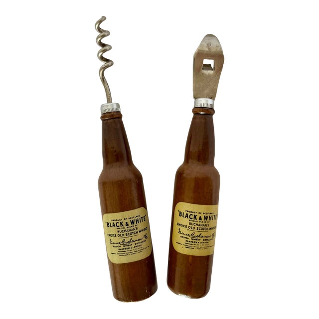Vintage Black and White Scotch Bottle Opener and Corkscrew Bar Tool Set For Sale