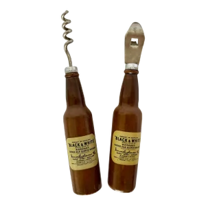 Vintage Black and White Scotch Bottle Opener and Corkscrew Bar Tool Set