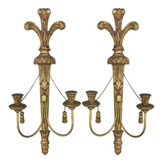Large Scale Italian Regency Style Giltwood Sconces - Tassels / Feathers - Pair For Sale