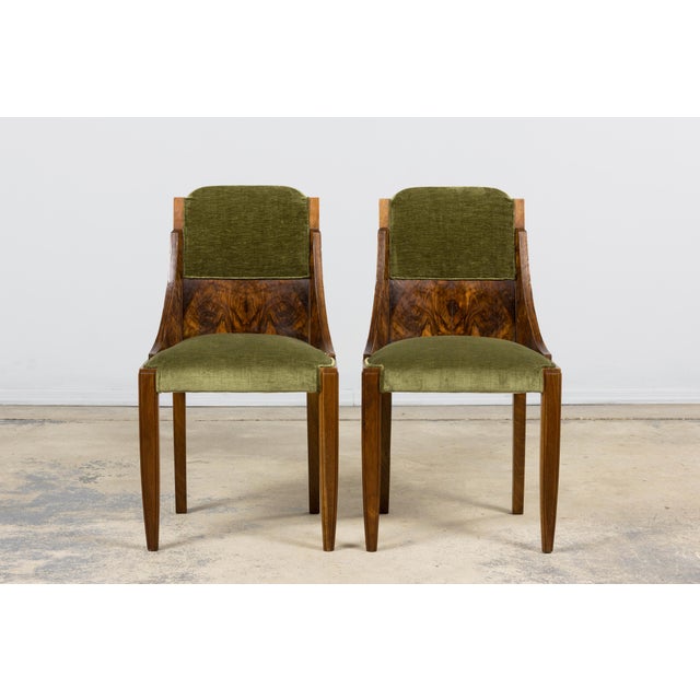 Early 20th Century 1920s French Art Deco Walnut Gondola Dining Chairs in Olive Green - Set of 8 For Sale - Image 5 of 18