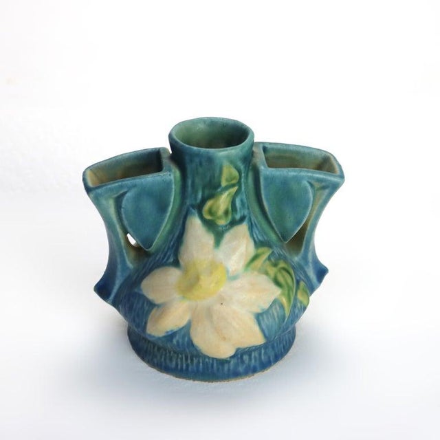 Mid-Century Modern Roseville Art Pottery Blue Flower Frog With Clematis Pattern Mid 20th Century For Sale - Image 3 of 8