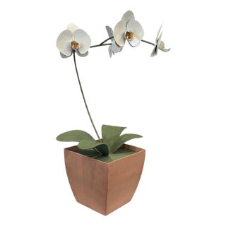Vintage Hand Painted Potted Tole Orchid Floral Arrangement / Flower Sculpture / Object For Sale