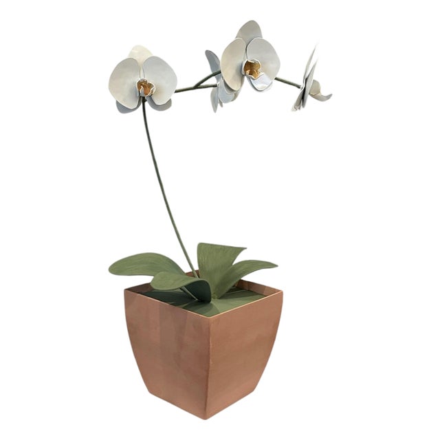 Vintage Hand Painted Potted Tole Orchid Floral Arrangement / Flower Sculpture / Object For Sale