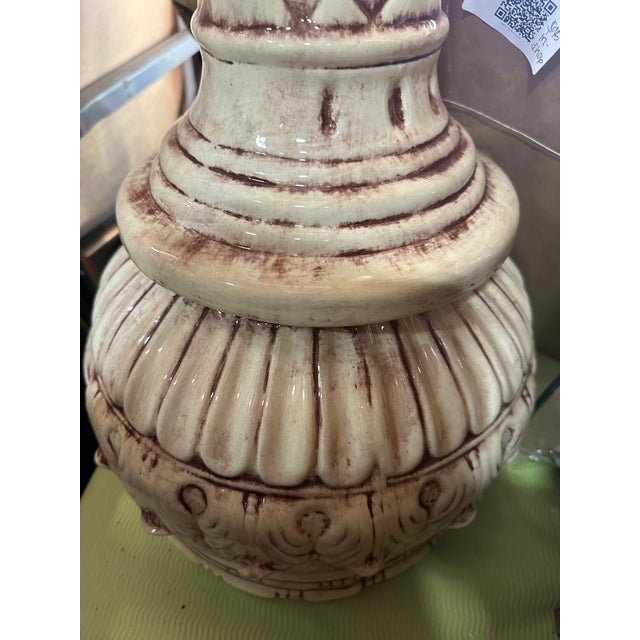 Mid-Century Modern 1970s White Ceramic Pedestal Bowl/Fountain With Purple Accents For Sale - Image 3 of 6