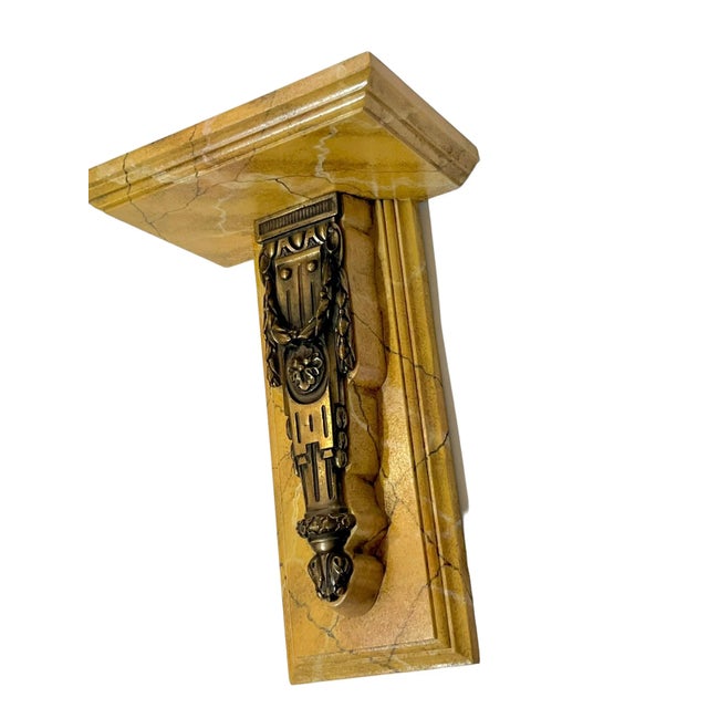 French Pair Vintage French Neoclassical Style Bronze Hardware Faux Marble Wood Wall Brackets Shelves For Sale - Image 3 of 9