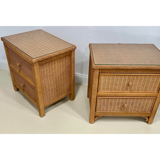 Wood Pair of Henry Link for Lexington Woven Rattan Nightstands With Glass Tops – British Colonial / Palm Beach Style For Sale - Image 7 of 10