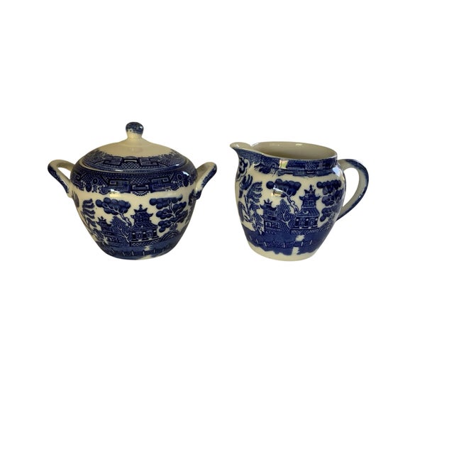 Antique Allertons Ltd Blue Willow Creamer and Sugar with Matching Lid Made in Staffordshire England c. 1929-1942 Handled...